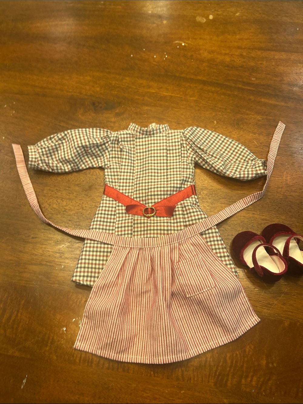 American Girl Red Plaid Dress with Pink Striped Apron and Red Shoes Samantha